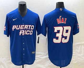 Men's Puerto Rico Baseball #39 Edwin Diaz 2023 Blue World Baseball Classic Stitched Jersey
