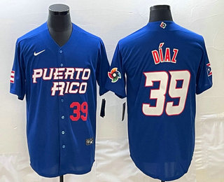 Men's Puerto Rico Baseball #39 Edwin Diaz Number 2023 Blue World Baseball Classic Stitched Jerseys