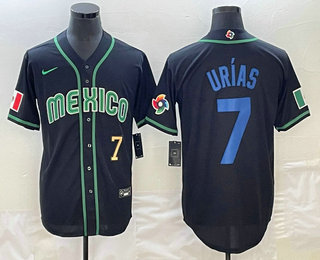 Men's Mexico Baseball #7 Julio Urias Number 2023 Black Blue World Classic Stitched Jerseys