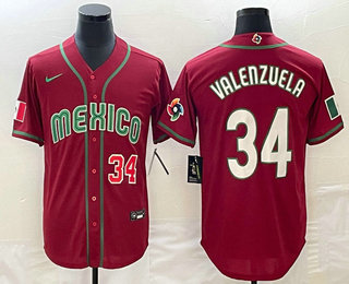 Men's Mexico Baseball #34 Fernando Valenzuela Number 2023 Red Blue World Baseball Classic Stitched J - Click Image to Close