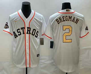 Men's Houston Astros #2 Alex Bregman 2023 White Gold World Serise Champions Patch Cool Base Stitched