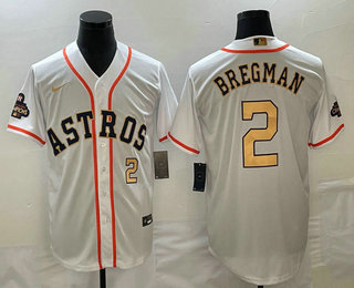 Men's Houston Astros #2 Alex Bregman Number 2023 White Gold World Serise Champions Patch Cool Base S