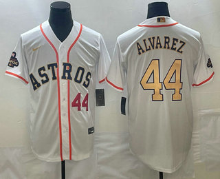 Men's Houston Astros #44 Yordan Alvarez Number 2023 White Gold World Serise Champions Patch Cool Bas