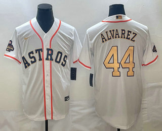 Men's Houston Astros #44 Yordan Alvarez 2023 White Gold World Serise Champions Patch Cool Base Stitc