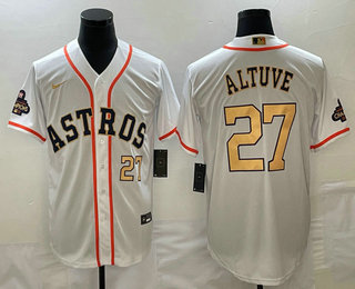 Men's Houston Astros #27 Jose Altuve Number 2023 White Gold World Serise Champions Patch Cool Base S