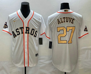 Men's Houston Astros #27 Jose Altuve 2023 White Gold World Serise Champions Patch Cool Base Stitched