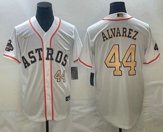 Men's Houston Astros #44 Yordan Alvarez Number 2023 White Gold World Serise Champions Patch Cool Bas