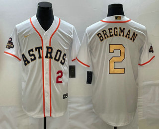 Men's Houston Astros #2 Alex Bregman Number 2023 White Gold World Serise Champions Patch Cool Base S