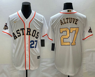 Men's Houston Astros #27 Jose Altuve Number 2023 White Gold World Serise Champions Patch Cool Base S