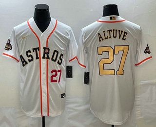Mens Houston Astros #27 Jose Altuve Number 2023 White Gold World Serise Champions Patch Cool Base St