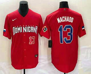 Mens Dominican Republic Baseball #13 Manny Machado Number 2023 Red World Classic Stitched Jersey