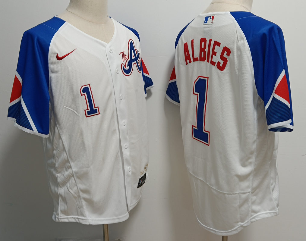 Men's Atlanta Braves #1 Ozzie Albies White 2023 City Connect Flex Base Stitched Baseball Jersey