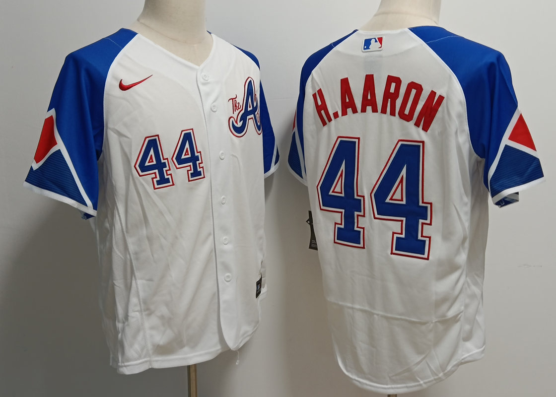 Men's Atlanta Braves #44 Hank Aaron White 2023 City Connect Flex Base Stitched Baseball Jersey