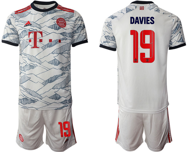 Men's FC Bayern Munchen #19 Alphonso Davies White Away Soccer Jersey With Shorts