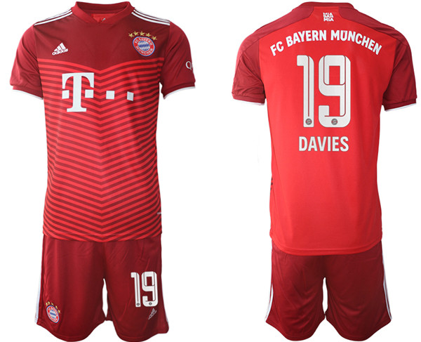 Men's FC Bayern Munchen #19 Alphonso Davies Red Home Soccer Jersey With Shorts