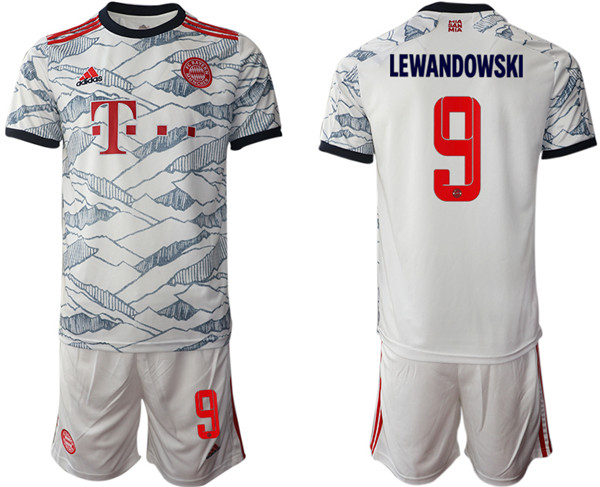 Men's FC Bayern Munchen #9 Robert Lewandowski White Jersey with Shorts