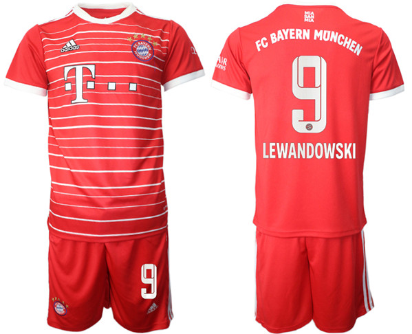 Men's FC Bayern Munchen #9 Robert Lewandowski 22-23 Red Home Soccer Jersey Suit