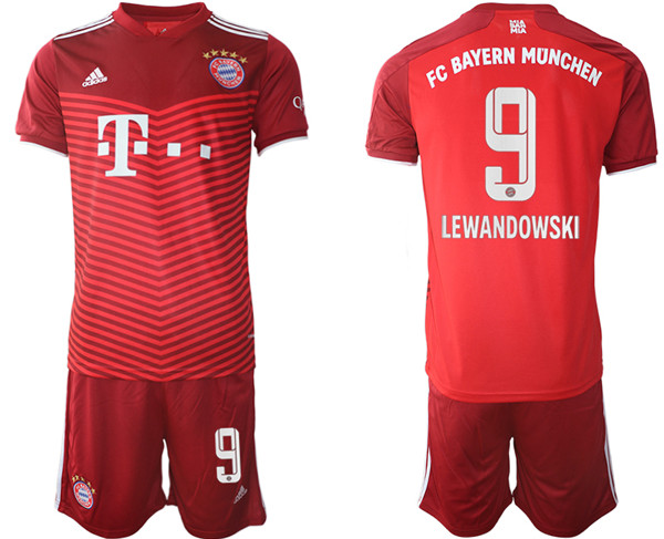 Men's FC Bayern Munchen #9 Robert Lewandowski Red Home Soccer Jersey with Shorts
