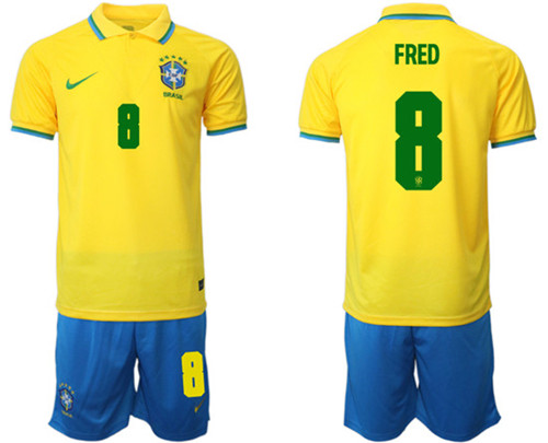 Men's Brazil #8 Fred Yellow Home Soccer Jersey Suit