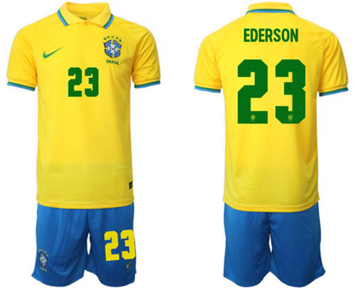 Men's Brazil #23 Ederson Yellow Home Soccer Jersey Suit