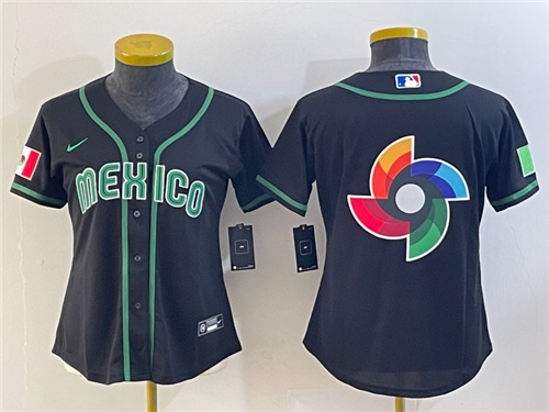 Women's Mexico Baseball 2023 Black World Big Logo Classic Stitched Jersey