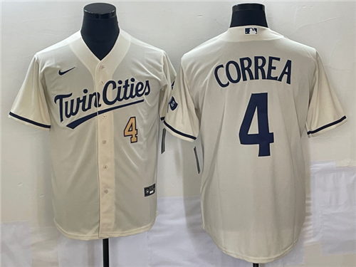 Men's Minnesota Twins #4 Carlos Correa Number Cream 2022 City Connect Cool Base Stitched Jersey