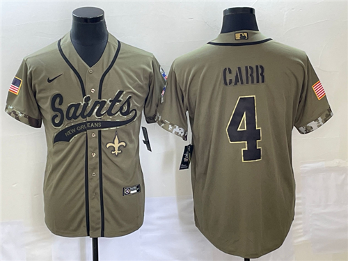 Men's New Orleans Saints #4 Derek Carr Olive 2022 Salute To Service Cool Base Stitched Baseball Jers