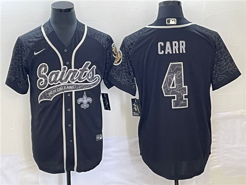 Men's New Orleans Saints #4 Derek Carr Black Reflective With Patch Cool Base Stitched Baseball Jerse