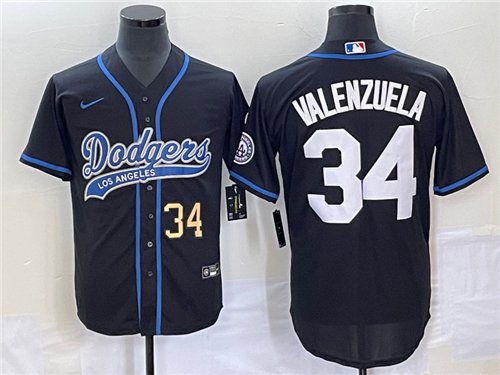 Men's Los Angeles Dodgers #34 Fernando Valenzuela Number Black With Patch Cool Base Stitched Basebal