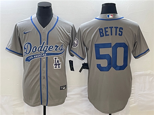 Men's Los Angeles Dodgers #50 Mookie Betts Grey With Patch Cool Base Stitched Baseball Jersey