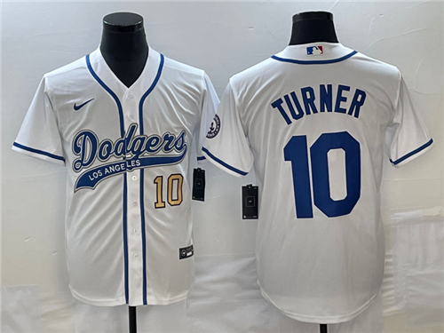 Men's Los Angeles Dodgers #10 Justin Turner Number White With Patch Cool Base Stitched Baseball Jers