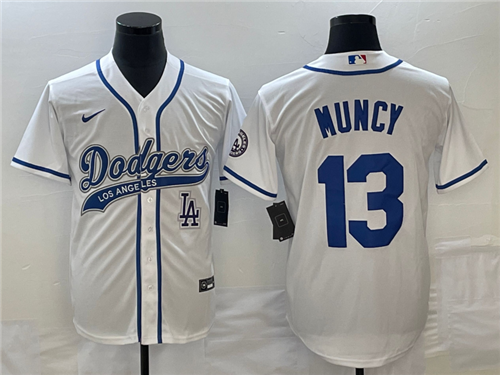 Men's Los Angeles Dodgers #13 Max Muncy White With Patch Cool Base Stitched Baseball Jersey