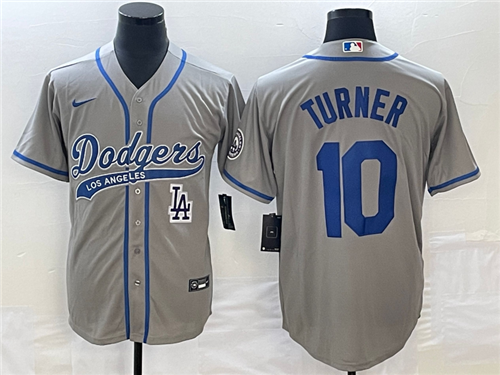 Men's Los Angeles Dodgers #10 Justin Turner Grey With Patch Cool Base Stitched Baseball Jersey