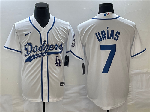 Men's Los Angeles Dodgers #7 Julio Urias White With Patch Cool Base Stitched Baseball Jersey