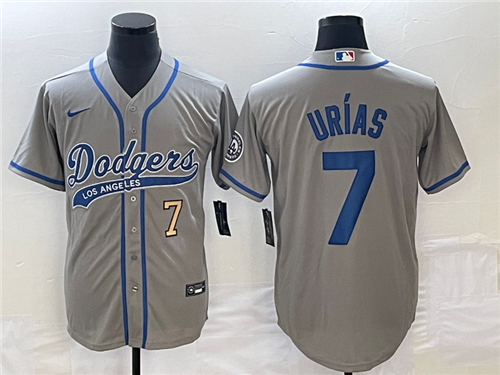 Men's Los Angeles Dodgers #7 Julio Urias Number Grey With Patch Cool Base Stitched Baseball Jersey