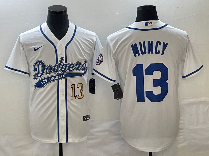 Men's Los Angeles Dodgers #13 Max Muncy Number White With Patch Cool Base Stitched Baseball Jersey