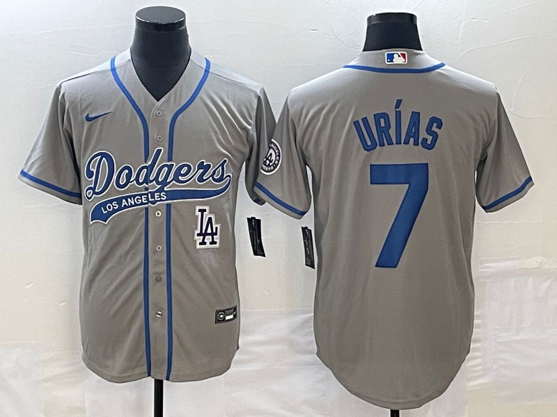 Men's Los Angeles Dodgers #7 Julio Urias Grey With Patch Cool Base Stitched Baseball Jersey