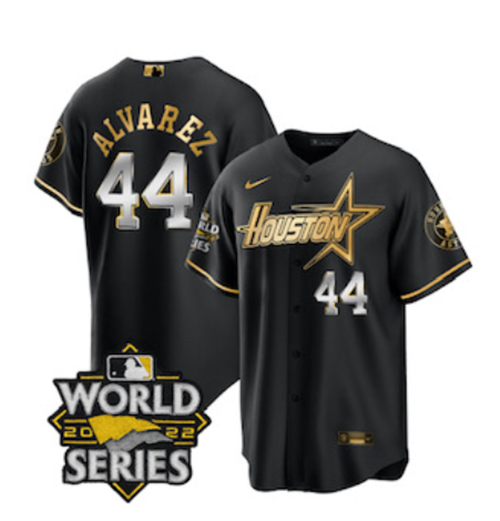 Men's Houston Astros #44 Yordan Alvarez Black Gold 2022 World Series Stitched Baseball Jersey