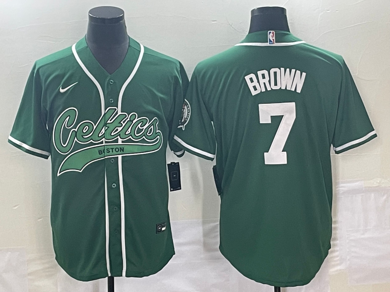 Men's Boston Celtics #7 Jaylen Brown Green With Patch Stitched Baseball Jersey