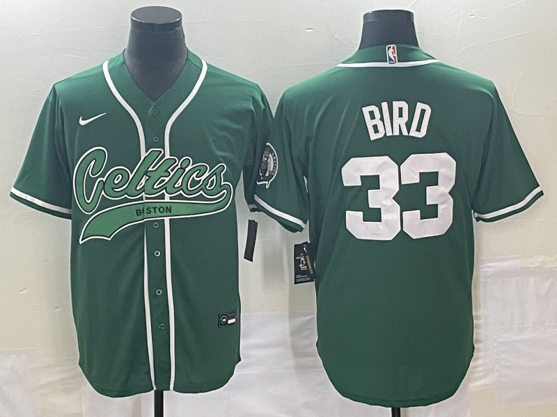 Men's Boston Celtics #33 Larry Bird Green With Patch Stitched Baseball Jersey