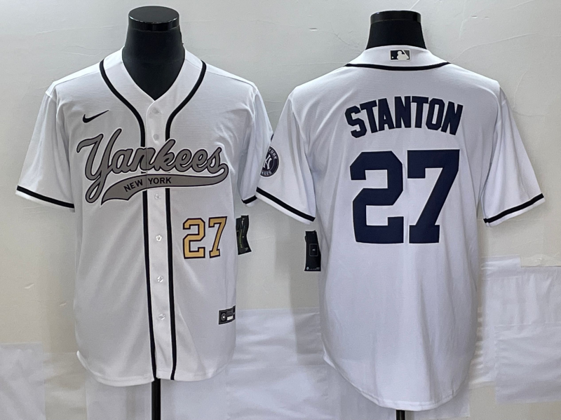 Men's New York Yankees #27 Giancarlo Stanton Number White With Patch Cool Base Stitched Baseball Jer
