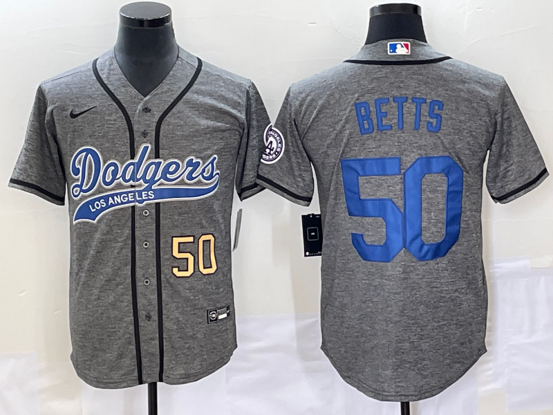 Men's Los Angeles Dodgers #50 Mookie Betts Number Grey Gridiron Cool Base Stitched Baseball Jersey