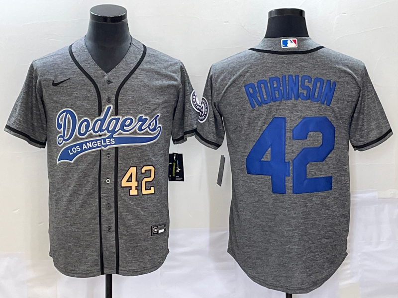 Men's Los Angeles Dodgers #42 Jackie Robinson Number Grey Gridiron Cool Base Stitched Baseball Jerse