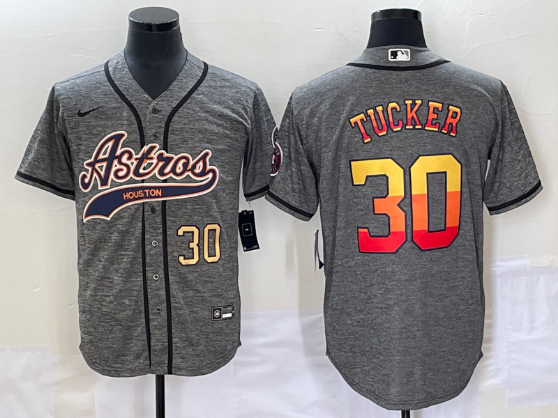 Men's Houston Astros #30 Kyle Tucker Number Grey Gridiron Cool Base Stitched Baseball Jersey