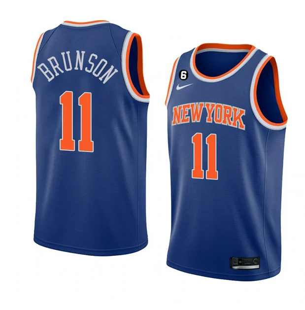 Men's New York Knicks #11 Jalen Brunson Blue With NO.6 Patch Stitched Basketball Jersey