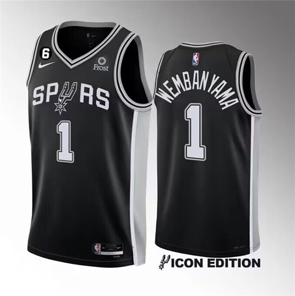 Men's San Antonio Spurs #1 Victor Wembanyama Black 2022-23 Icon Edition With NO.6 Patch Stitched Bas