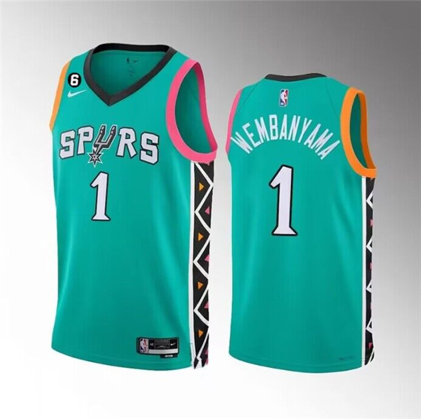 Men's San Antonio Spurs #1 Victor Wembanyama Teal 2022-23 City Edition Swingman With NO.6 Patch Stit