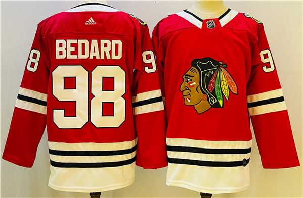 Men's Chicago Blackhawks #98 Connor Bedard Red Black Stitched Jersey - Click Image to Close