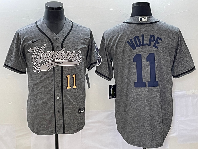 Men's New York Yankees #11 Anthony Volpe Number Grey Gridiron Cool Base Stitched Baseball Jersey