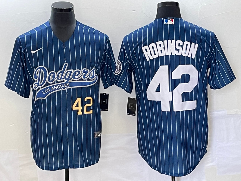 Men's Los Angeles Dodgers #42 Jackie Robinson Number Blue Pinstripe Cool Base Stitched Baseball Jers